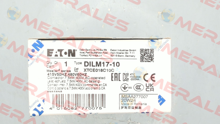 p/n: 277007, Type: DILM17-10(415V50HZ,480V60HZ) Moeller (Eaton)