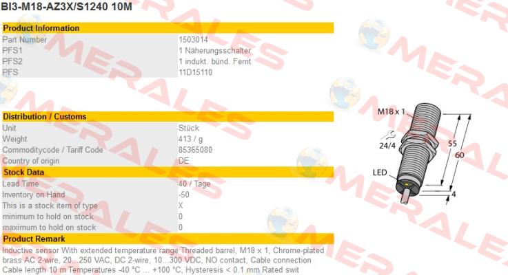 BI3-M18-AZ3X/S1240 10M Turck